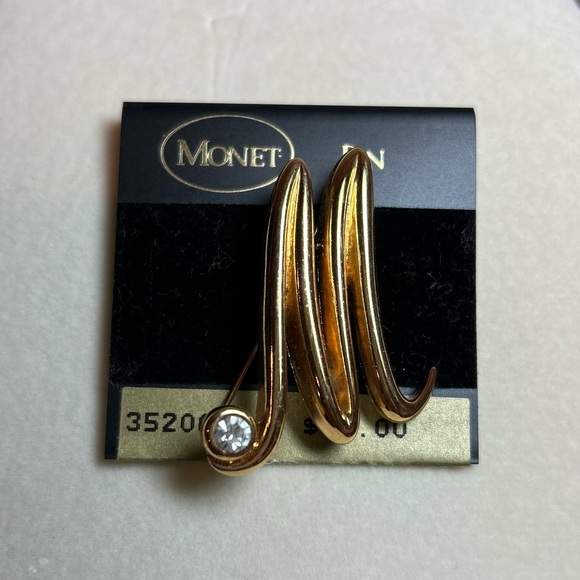 Vintage Monet Gold-Tone ‘M’ with Crystal Brooche - Picture 2 of 2